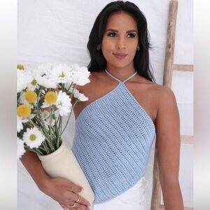 NAT Pastel Blue Diamond Sweater Knit Halter Neck Open back Tie Back top sz Small